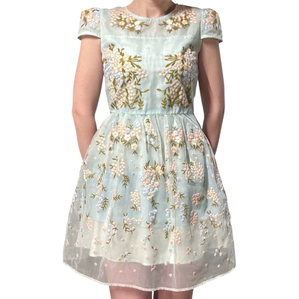 Chicwish | Floral Embroidered Light Blue Tulle Mini Dress with Cap Sleeves